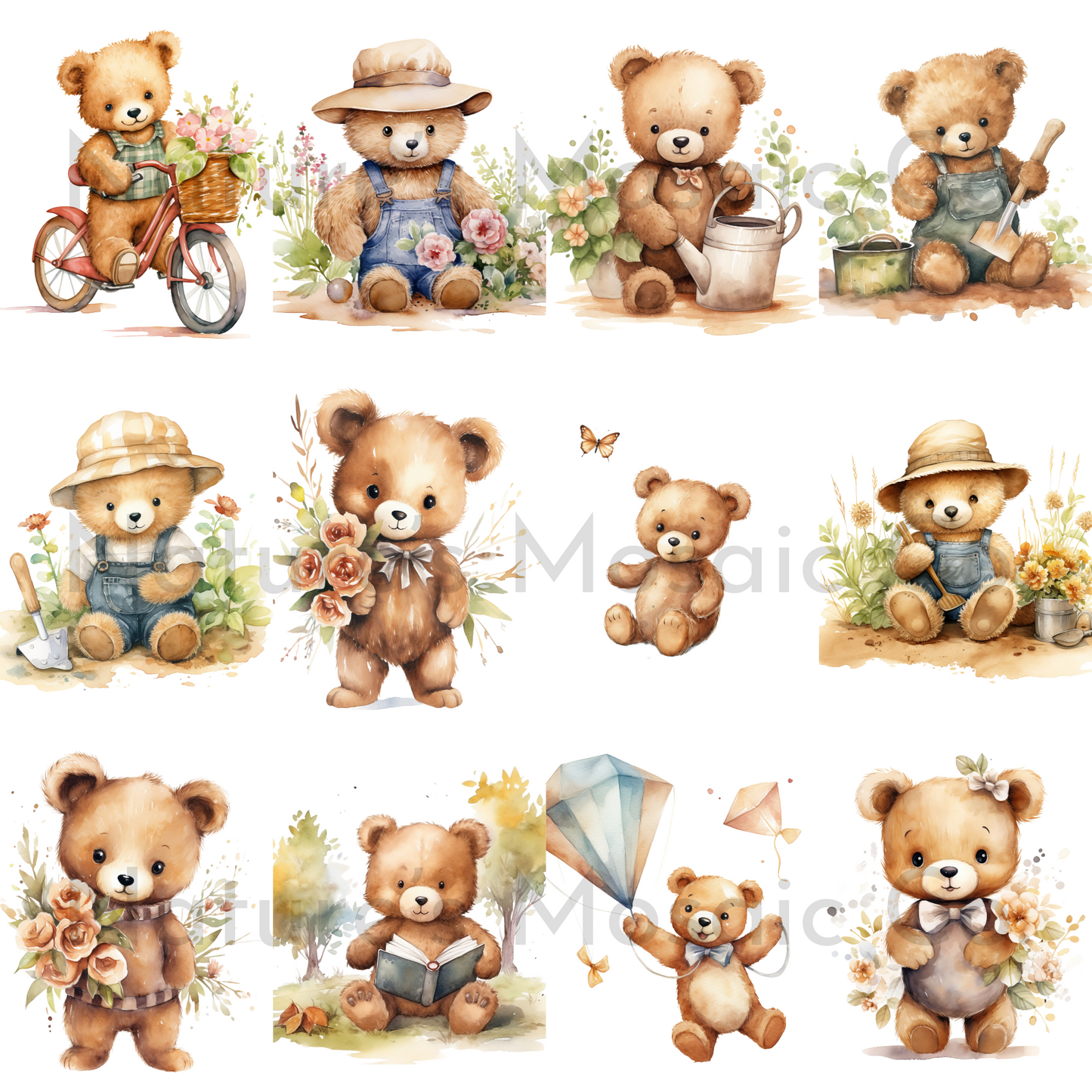 Spring Teddy Bear Clipart | 52 PNG Images | 300 DPI Transparent Background | Cute Watercolor Bear Illustrations for Scrapbooking, Stickers & Sublimation