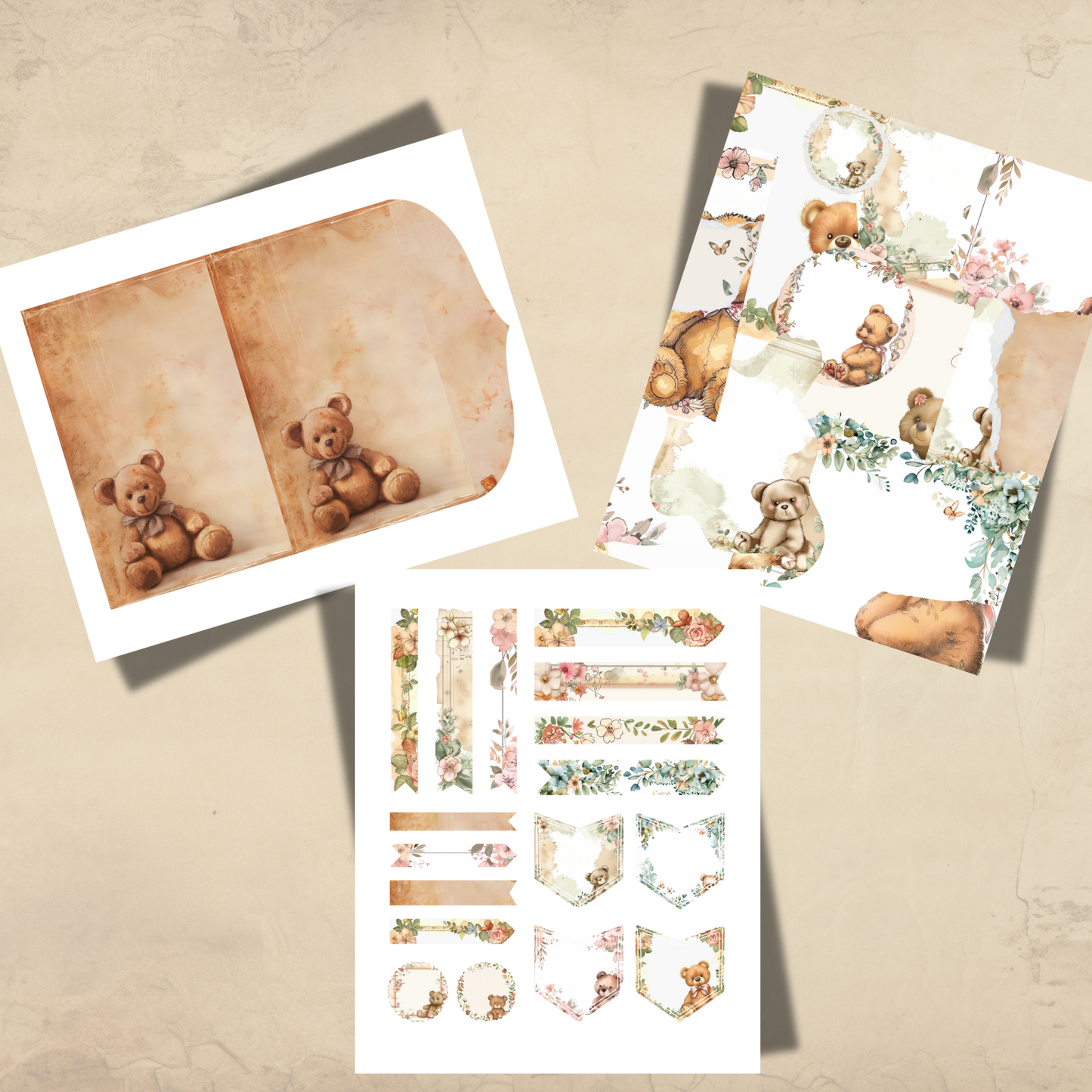 Bear Junk Journal Ephemera 34 Pages Vintage Woodland Printables Tags Envelopes Pockets Labels Scrapbooking Digital Download