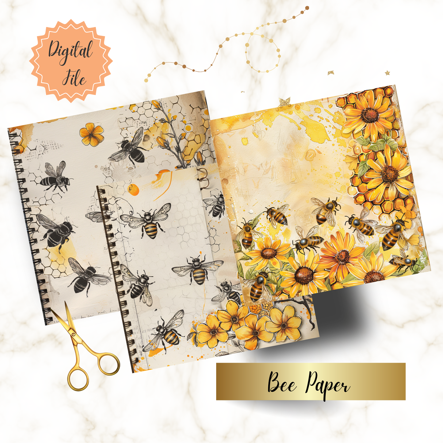 Digital Bee Junk Journal Paper | 16 Pages | 12x12" 300 DPI | Vintage Honeycomb & Floral Scrapbook Paper for Journaling & Crafts