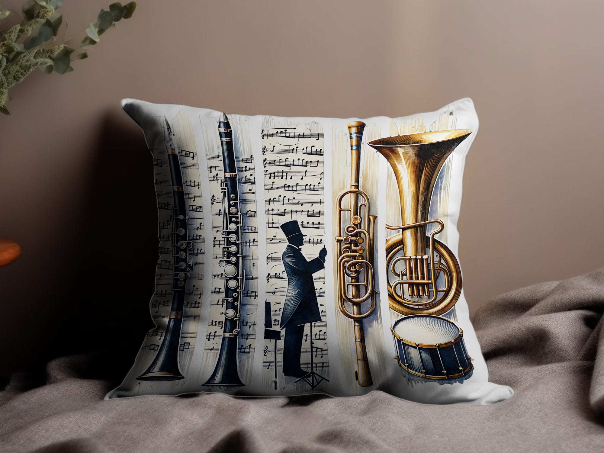 Music Themed Decorative Pillow Covers, Jazz Instruments Print, Trombone Trumpet Design, Unique Musician Gift, Sofa Cushion