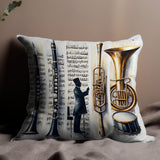 Music Themed Decorative Pillow Covers, Jazz Instruments Print, Trombone Trumpet Design, Unique Musician Gift, Sofa Cushion