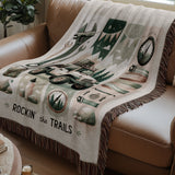 Rockin' the Trails Camping Theme Throw Blanket, Rustic Cabin Decor, Cozy Woven Tapestry, Outdoor Adventure Motif, Home Accessory