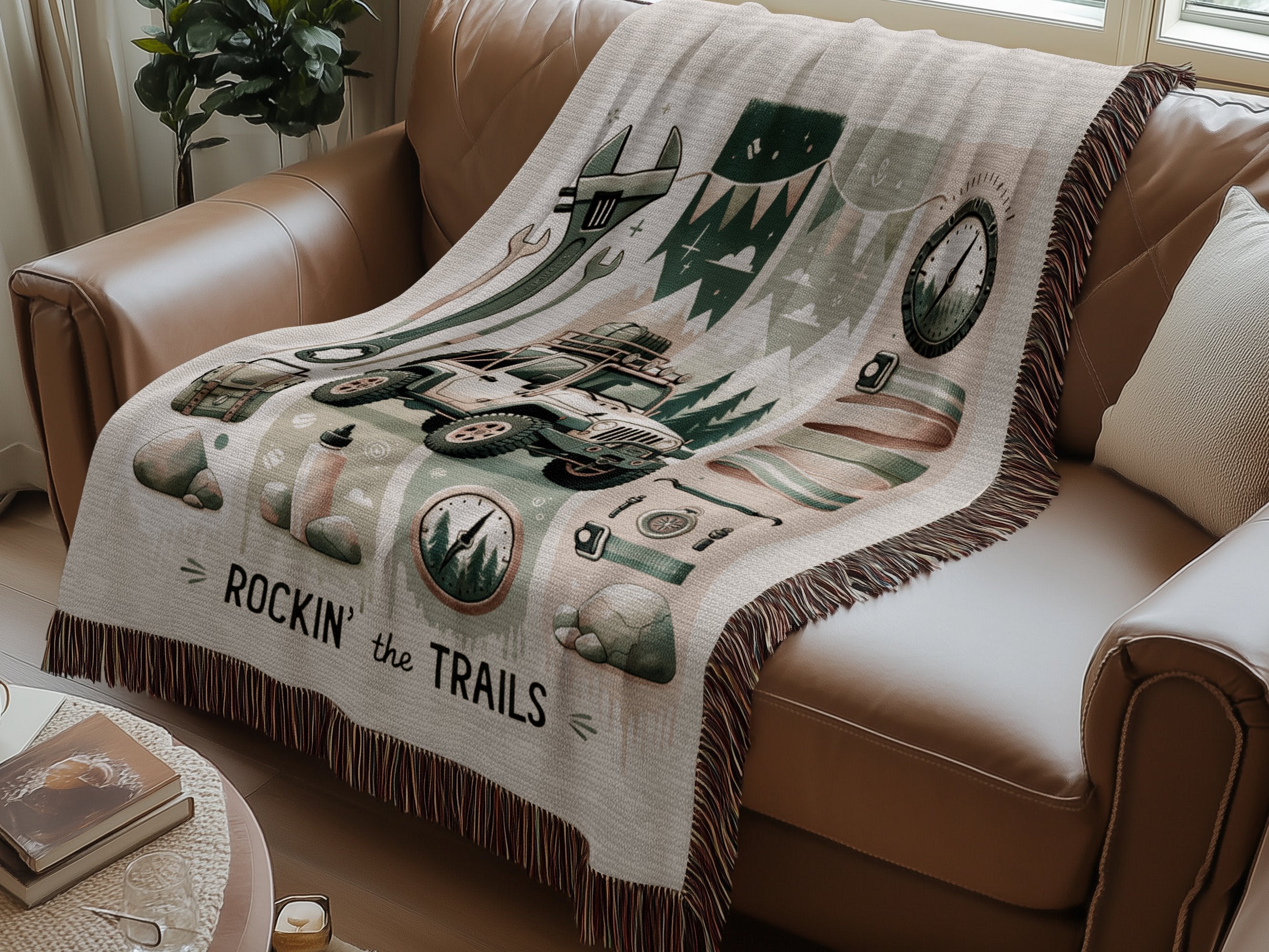 Rockin' the Trails Camping Theme Throw Blanket, Rustic Cabin Decor, Cozy Woven Tapestry, Outdoor Adventure Motif, Home Accessory