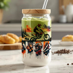 Reusable Glass Coffee Cup with Motocross Design, Eco-Friendly Travel Mug, Unique Motorcycle Lover Gift