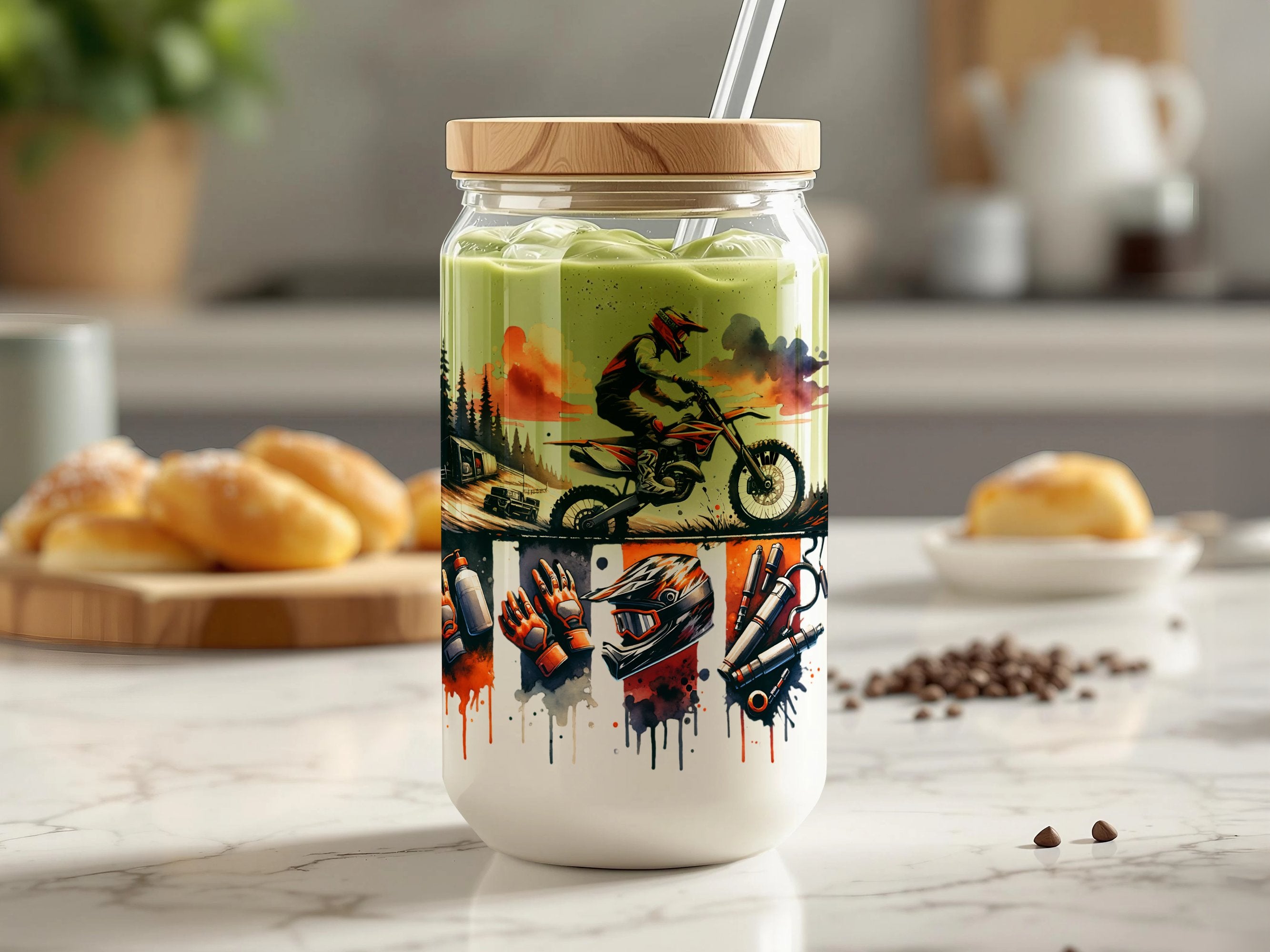 Reusable Glass Coffee Cup with Motocross Design, Eco-Friendly Travel Mug, Unique Motorcycle Lover Gift