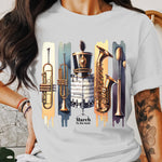 March to the Beat T-Shirt, Colorful Band Instruments Graphic Tee, Music Lovers Apparel, Unisex Cotton Shirt