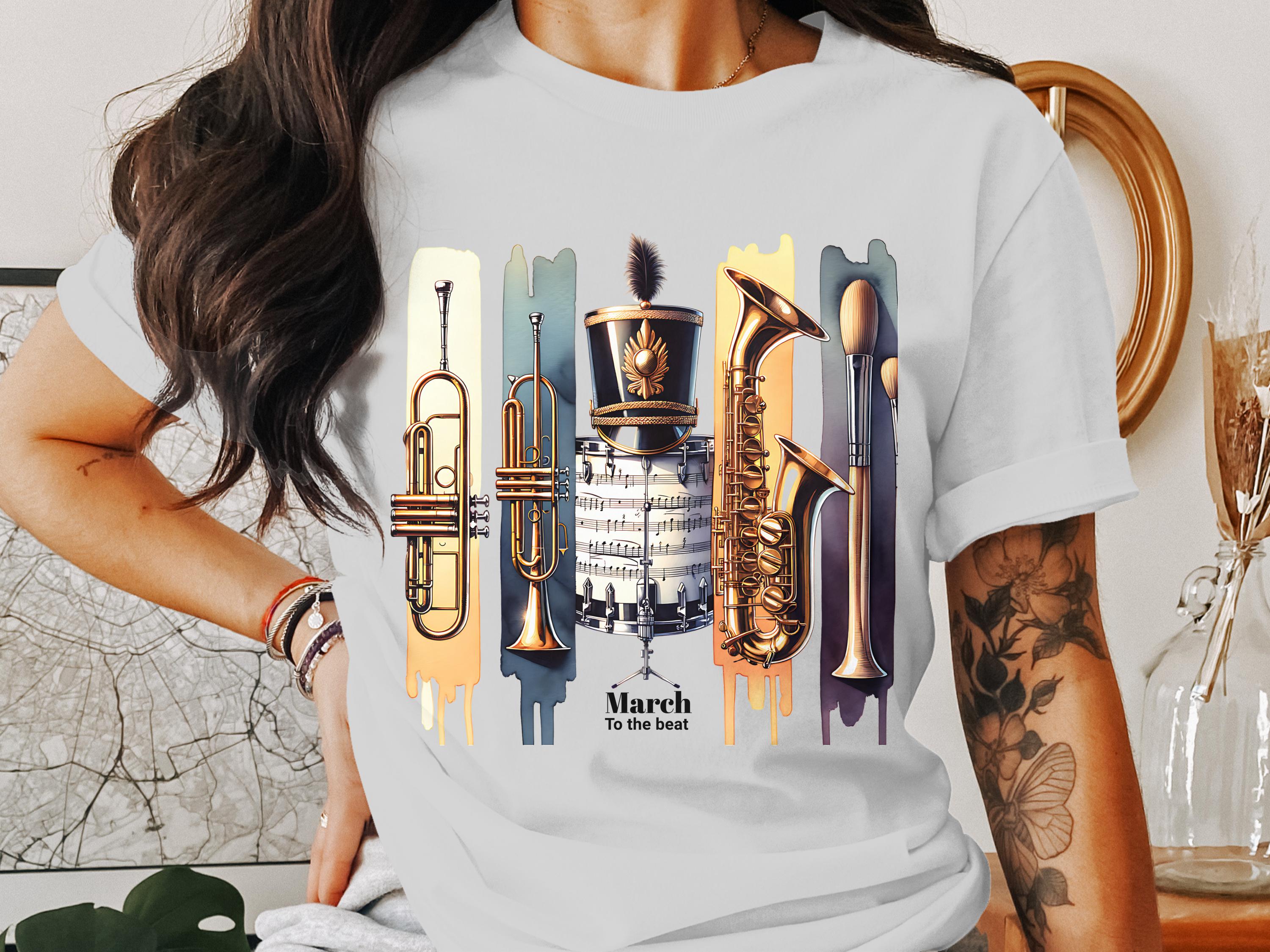 March to the Beat T-Shirt, Colorful Band Instruments Graphic Tee, Music Lovers Apparel, Unisex Cotton Shirt