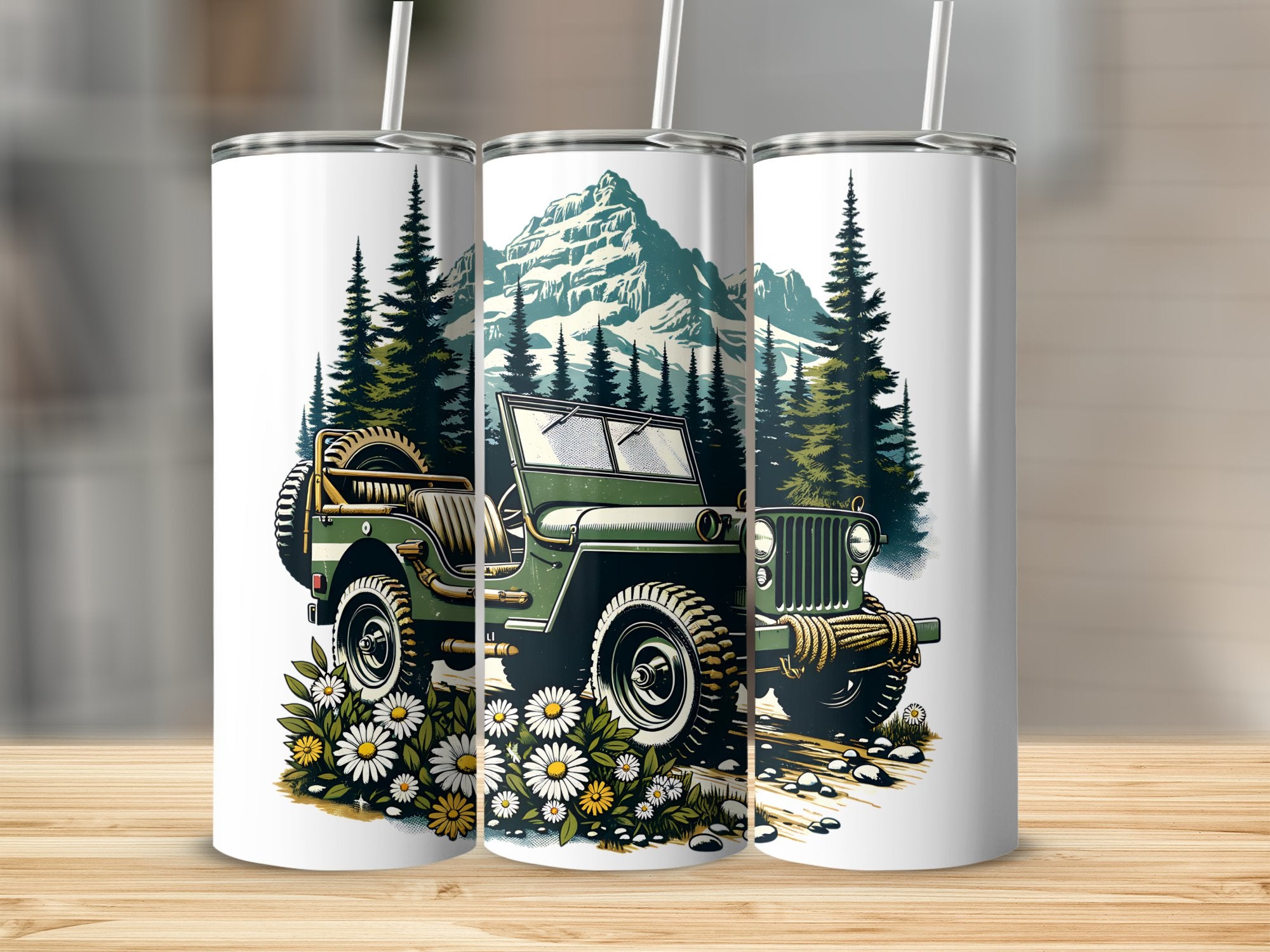 Vintage Off-Road Vehicle Tumblers, Mountain Jeep Adventure Theme, Insulated Travel Cups, Outdoor Enthusiast Gift