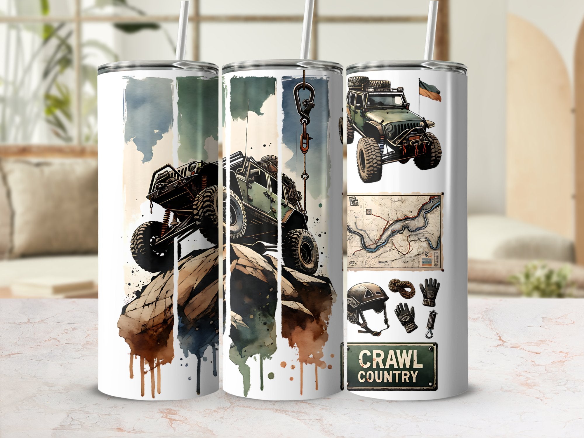 Off-Road Adventure Tumbler, 4x4 Jeep Graphic Travel Mug, Watercolor Art Drinkware, Gift for Car Enthusiasts