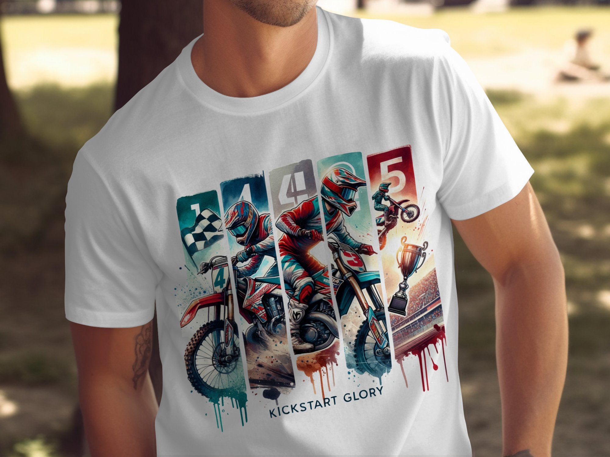 Graphic Motocross T-Shirt, Vintage Motorcycle Racing Tee, Men's Sports Shirt, Kickstart Glory Design, Colorful Rider Apparel