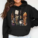 Brass Musical Instruments Hoodie, Jazz Music Lovers Sweatshirt, Trumpet Saxophone Design Pullover, Unisex Fashion Hoodie