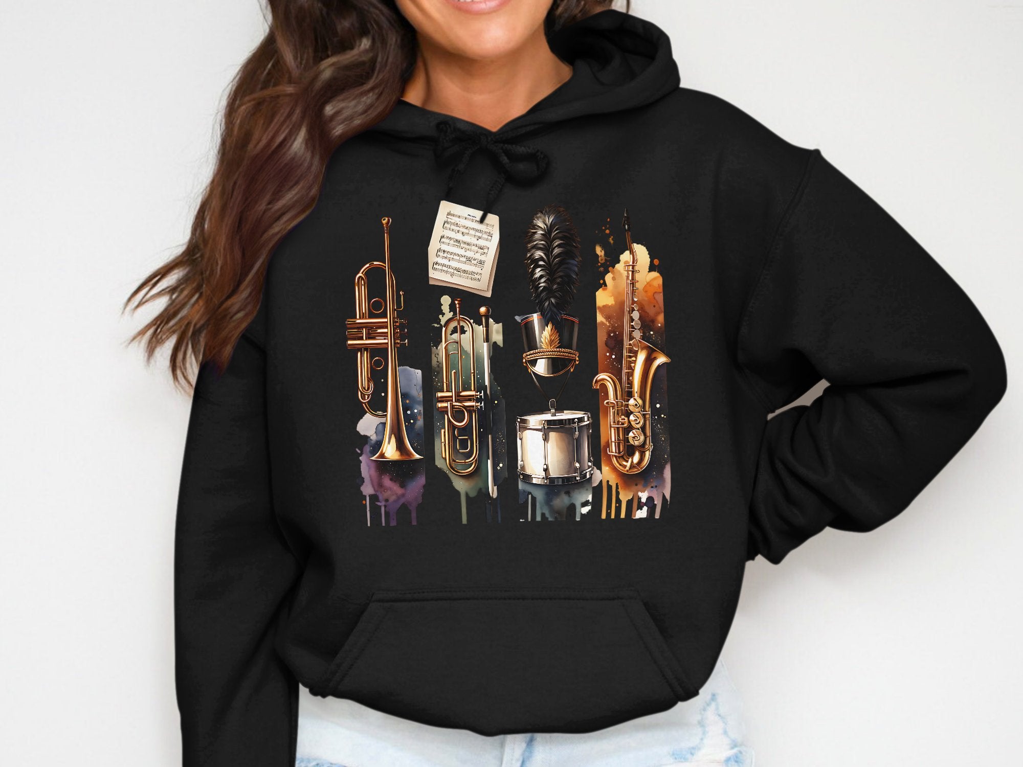 Brass Musical Instruments Hoodie, Jazz Music Lovers Sweatshirt, Trumpet Saxophone Design Pullover, Unisex Fashion Hoodie