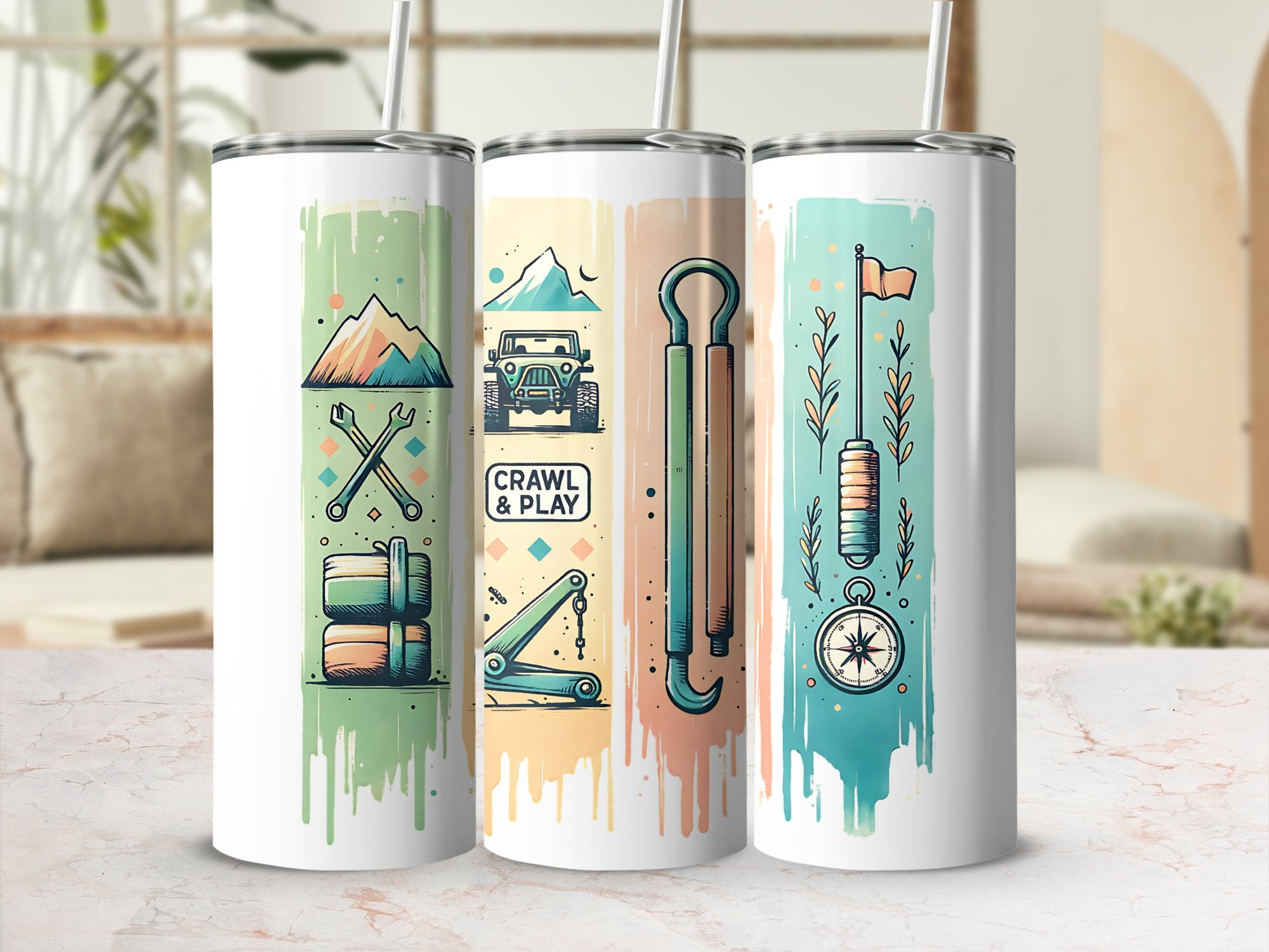 Adventure Themed Stainless Steel Tumblers, Insulated Camping Travel Mugs, Outdoor Hiking Gear Illustrations, Gift for Campers