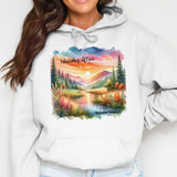 Women's Nature-Inspired Hoodie, Mountain Sunset Graphic Sweatshirt, Cozy Pullover with Scenic Print