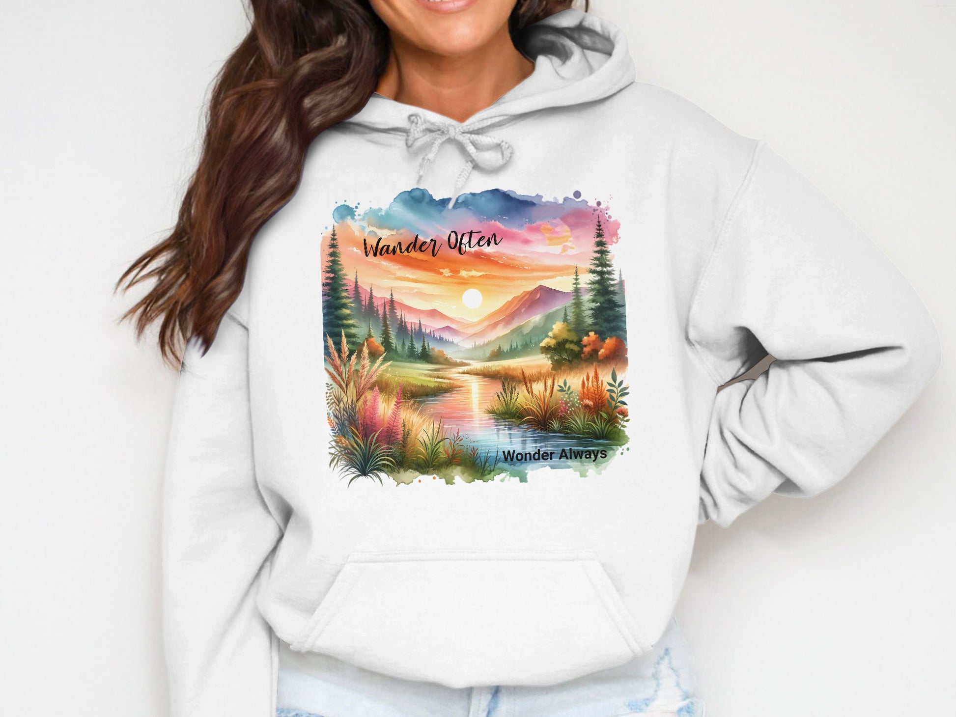 Women's Nature-Inspired Hoodie, Mountain Sunset Graphic Sweatshirt, Cozy Pullover with Scenic Print