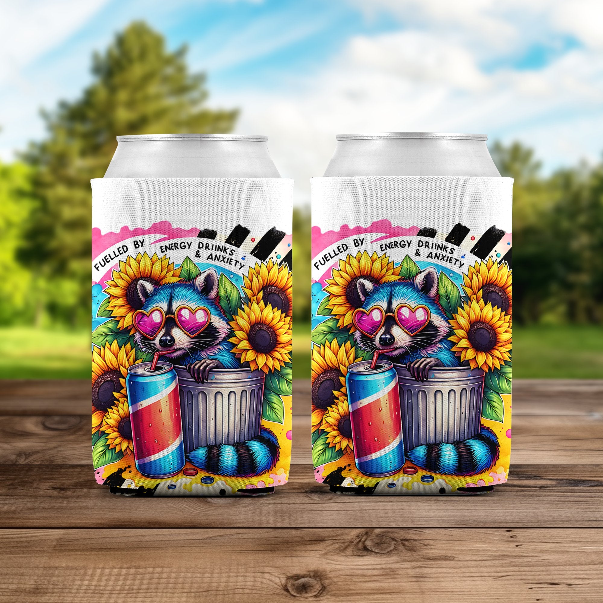 Colorful Pop Art Energy Drink Design Coolers, Sunflower and Hearts Can Sleeves, Unique Gift Idea
