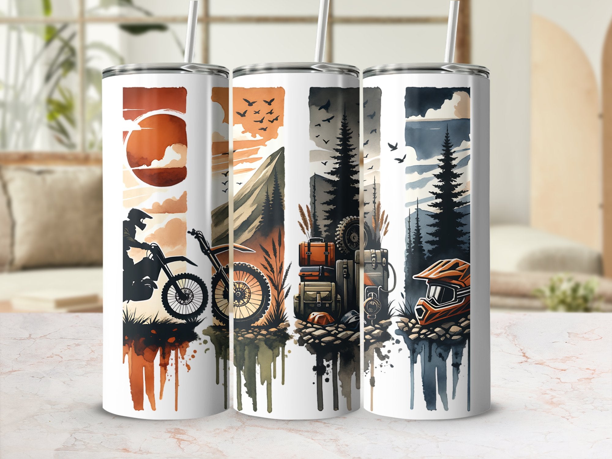 Adventure Tumbler Set, Insulated Travel Cups, Wilderness, Biking, Camping, Sunset, Forest, Stainless Steel, 20 oz