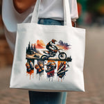 Colorful Mountain Biking Print Tote Bag, Abstract Artistic Cyclist Design, Urban Commuter Bag, Eco-Friendly Reusable Canvas Shopper
