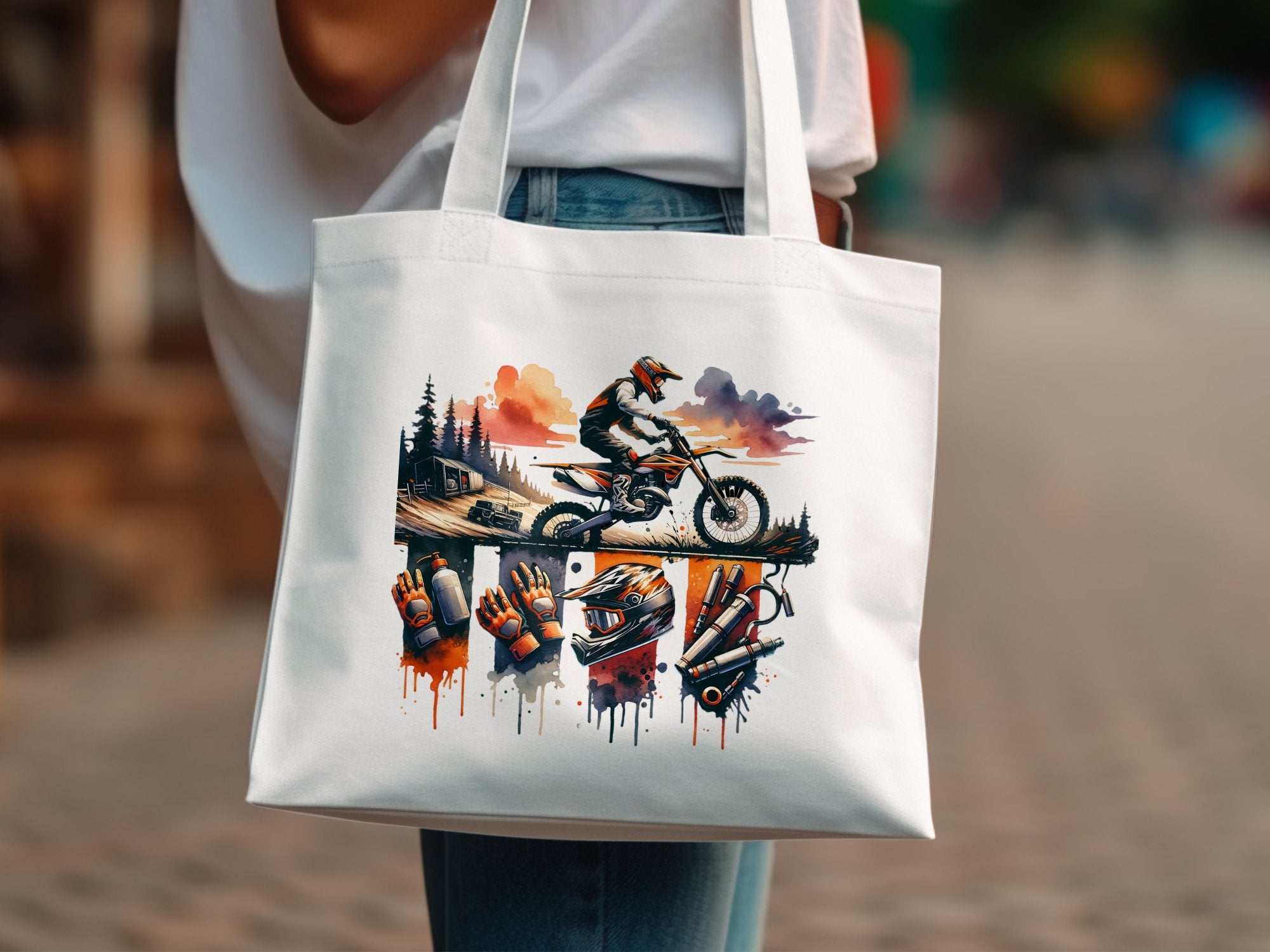 Colorful Mountain Biking Print Tote Bag, Abstract Artistic Cyclist Design, Urban Commuter Bag, Eco-Friendly Reusable Canvas Shopper
