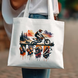 Colorful Mountain Biking Print Tote Bag, Abstract Artistic Cyclist Design, Urban Commuter Bag, Eco-Friendly Reusable Canvas Shopper