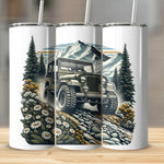 Vintage Off-Road Jeep Mountain Scene Insulated Tumbler, Adventure Travel Drinkware, Stainless Steel Cup with Straw