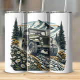 Vintage Off-Road Jeep Mountain Scene Insulated Tumbler, Adventure Travel Drinkware, Stainless Steel Cup with Straw
