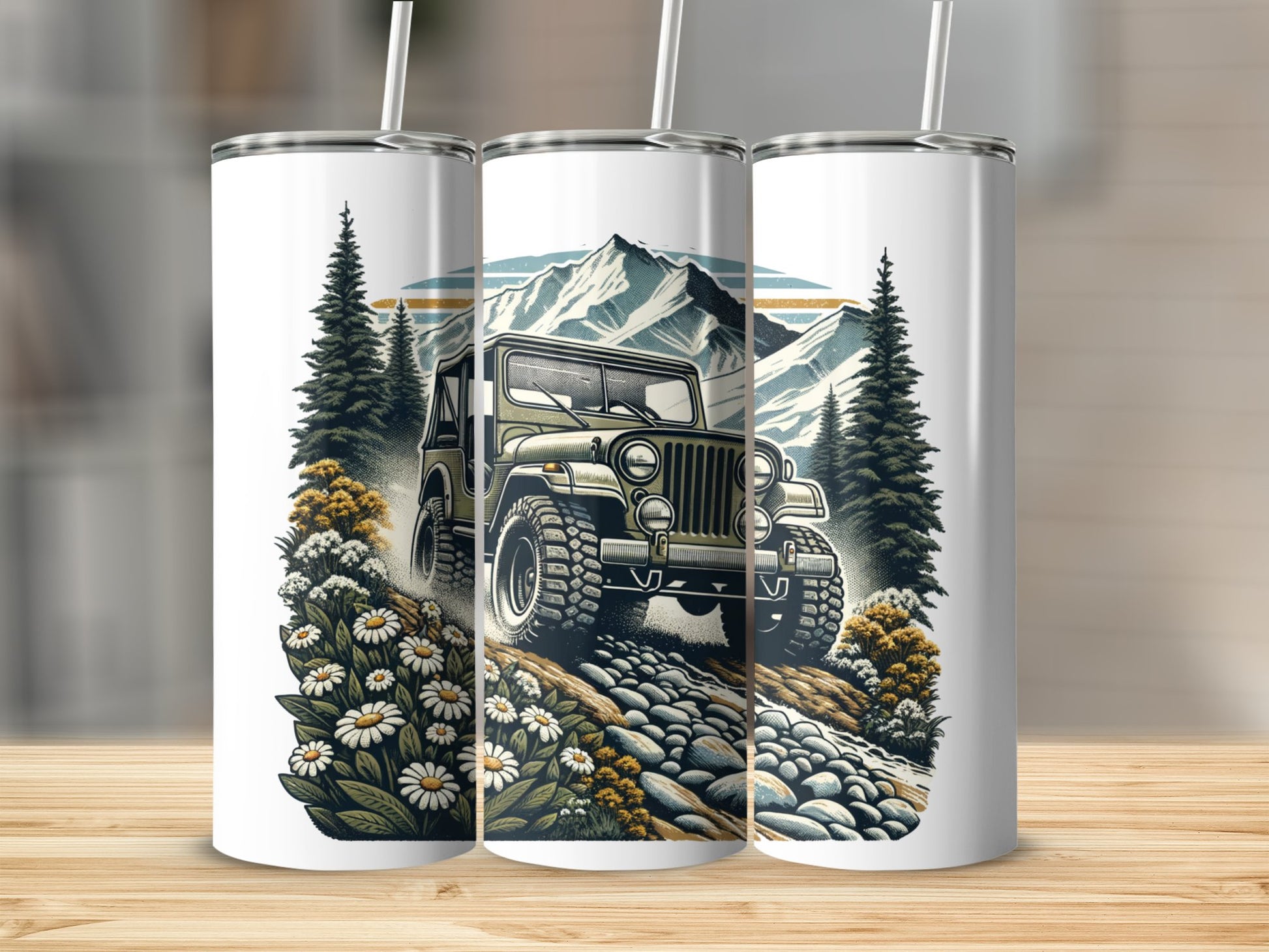 Vintage Off-Road Jeep Mountain Scene Insulated Tumbler, Adventure Travel Drinkware, Stainless Steel Cup with Straw