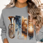 Women's Artistic Music Sweatshirt, Vintage Brass Instruments and Cityscape Print, Long Sleeve Casual Top