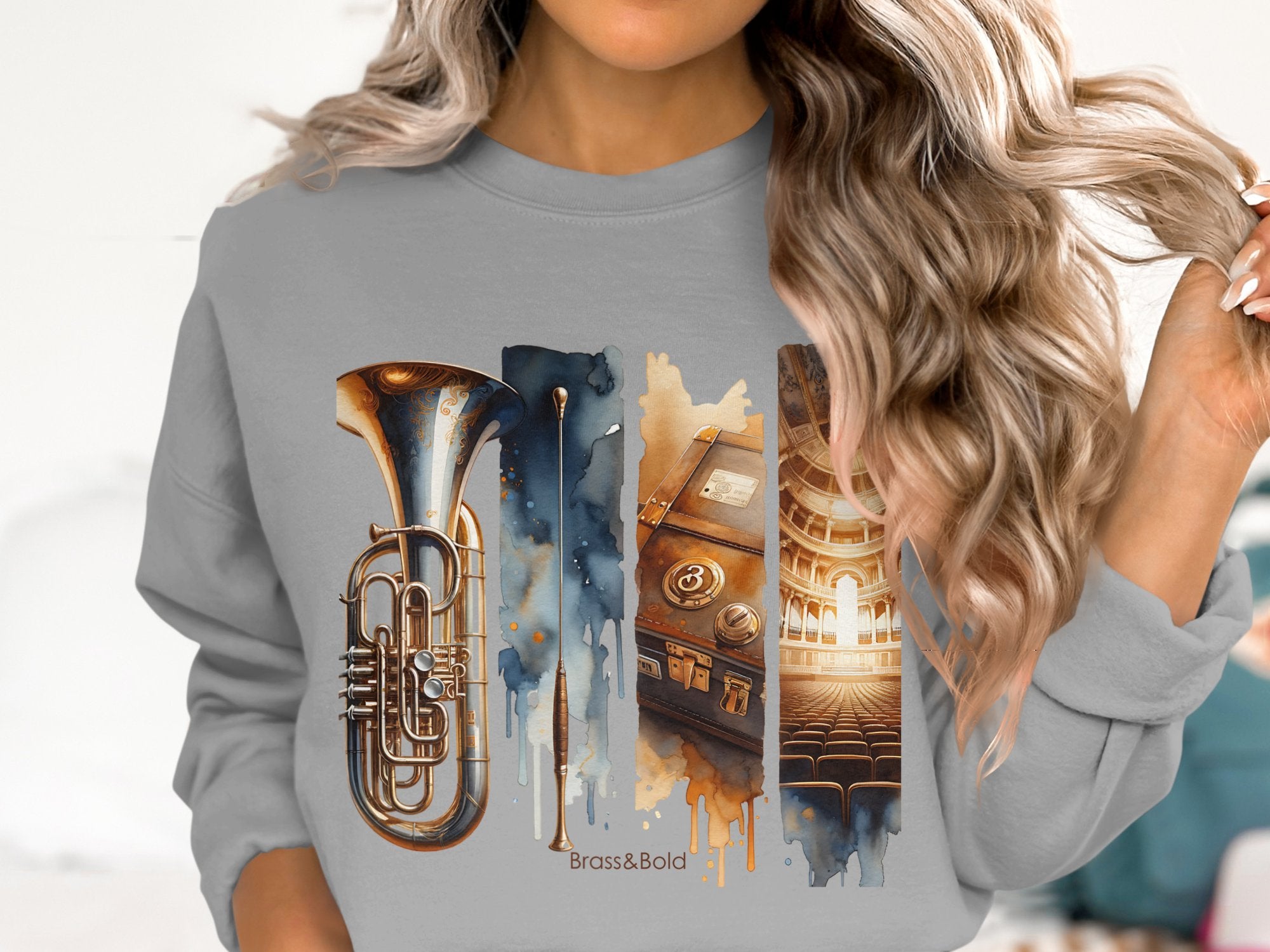 Women's Artistic Music Sweatshirt, Vintage Brass Instruments and Cityscape Print, Long Sleeve Casual Top