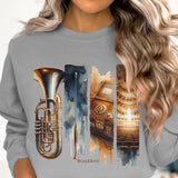 Women's Artistic Music Sweatshirt, Vintage Brass Instruments and Cityscape Print, Long Sleeve Casual Top