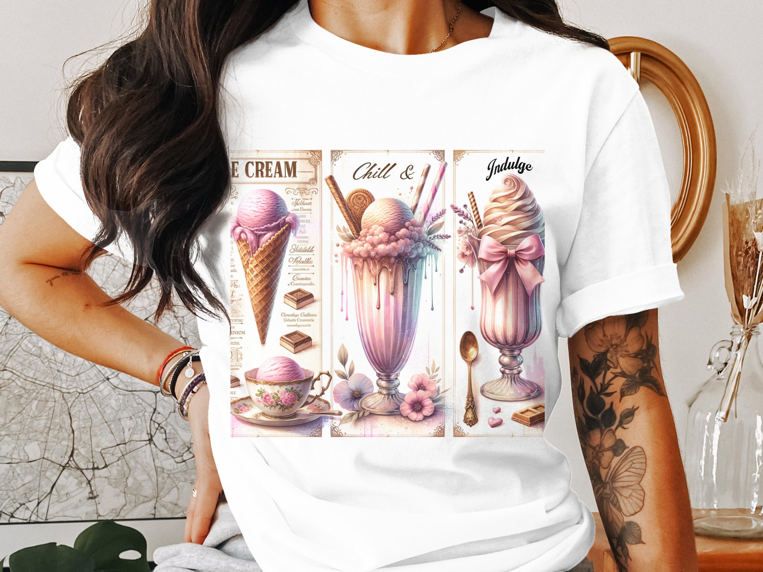 Vintage Ice Cream Poster T-Shirt, Retro Dessert Graphic Tee, Soft Cotton Casual Women's Top