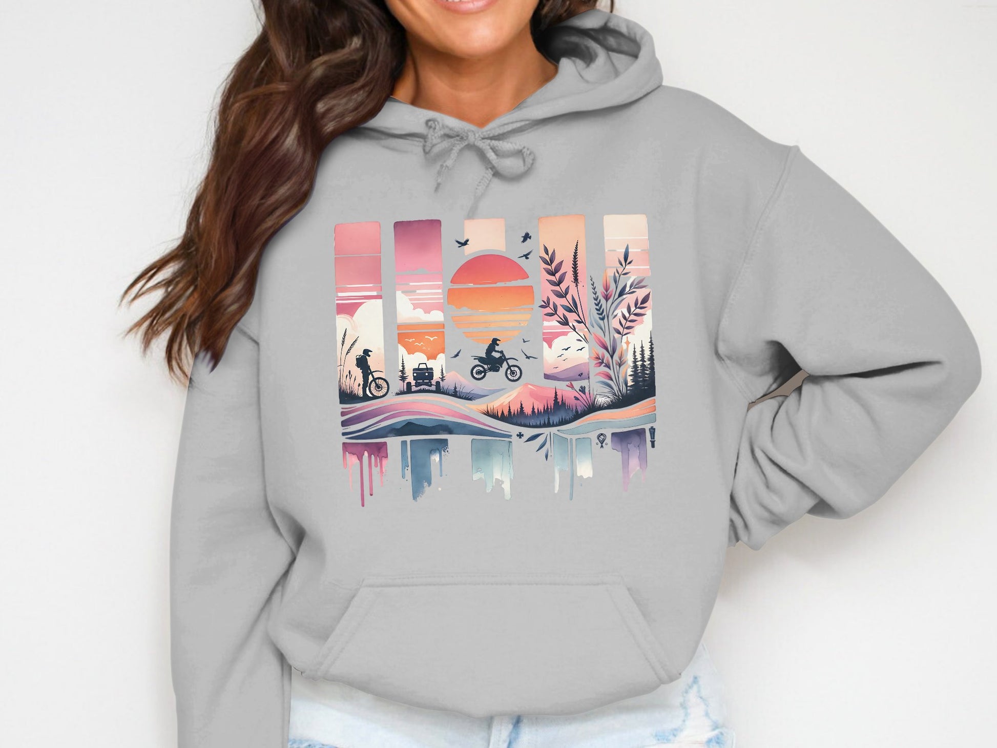 Vintage Sunset Graphic Hoodie, Retro Style Pullover, Casual Unisex Sweatshirt, Outdoor Nature Design