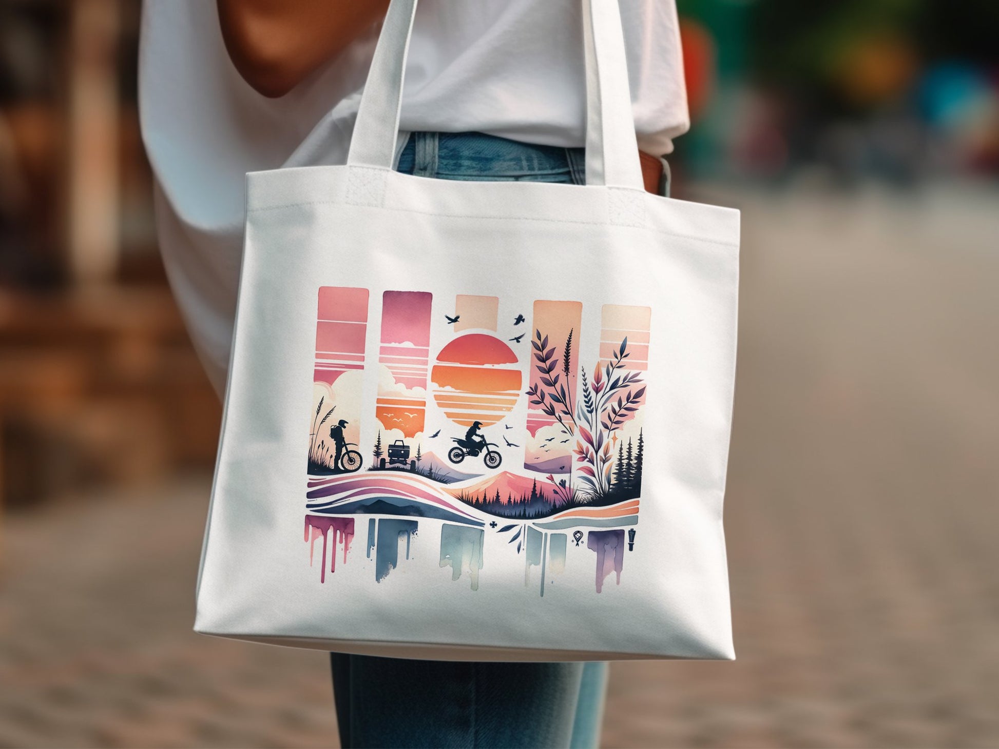 Artistic Canvas Tote Bag, Colorful Sunset Scenery Print, Eco-Friendly Reusable Bag