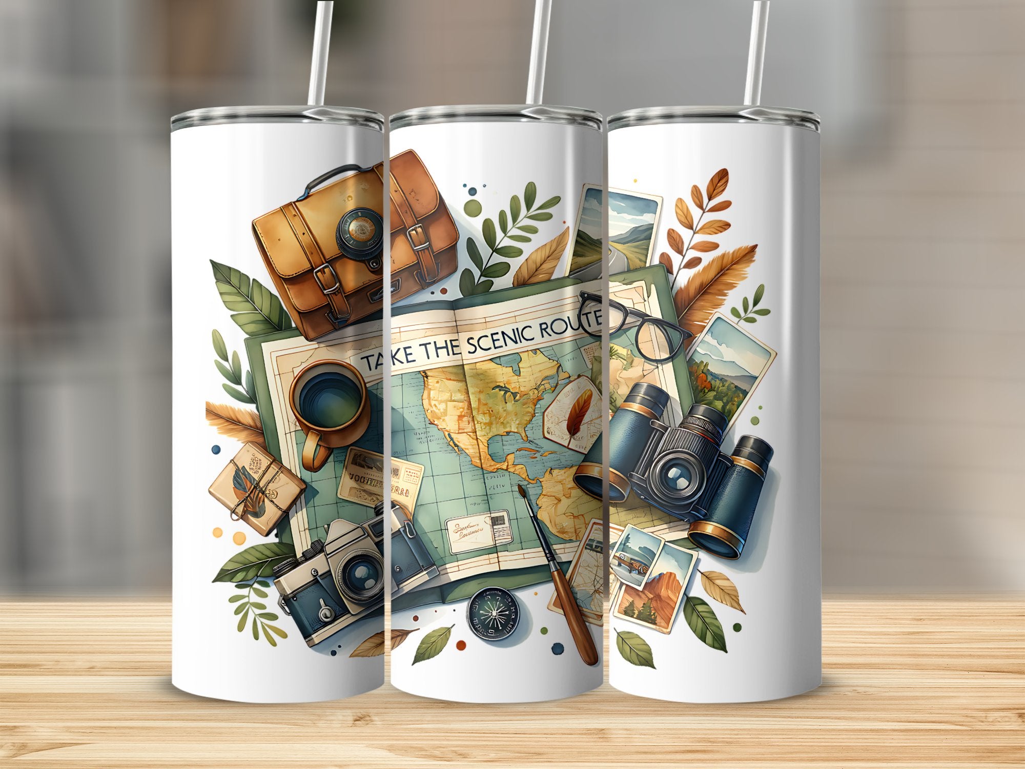 Travel Themed Tumbler Set, Scenic Route Map Design, Camera and Compass Graphics, Gift for Travelers