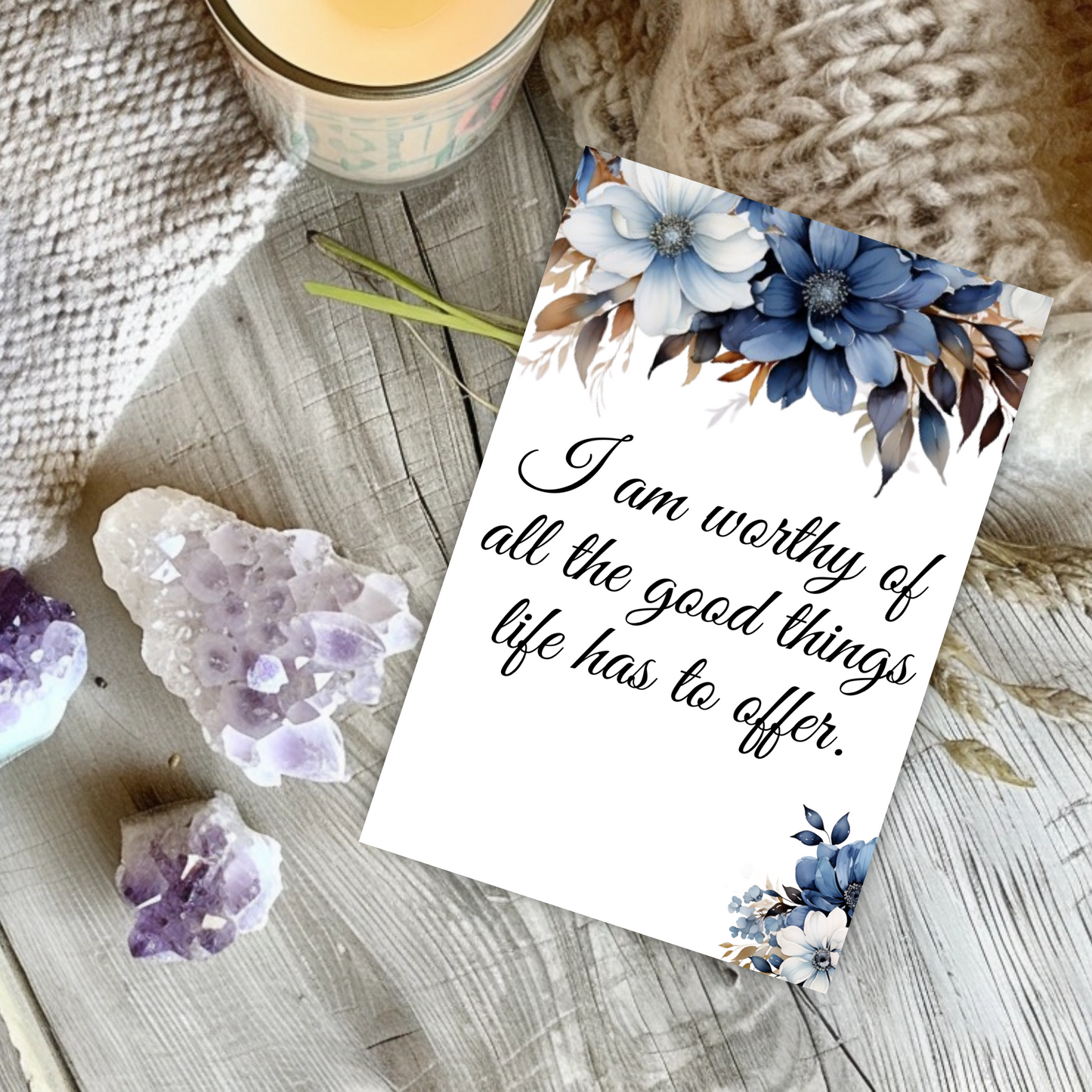 Blue Floral Affirmation Cards | 52 Printable Cards | PDF & PNG | Self-Care, Mindfulness, Motivation & Daily Inspiration