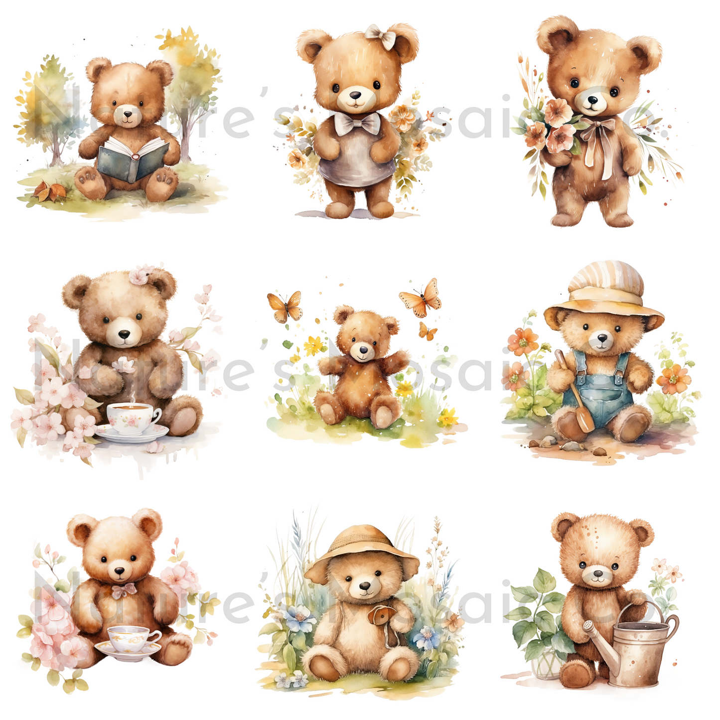 Spring Teddy Bear Clipart | 52 PNG Images | 300 DPI Transparent Background | Cute Watercolor Bear Illustrations for Scrapbooking, Stickers & Sublimation