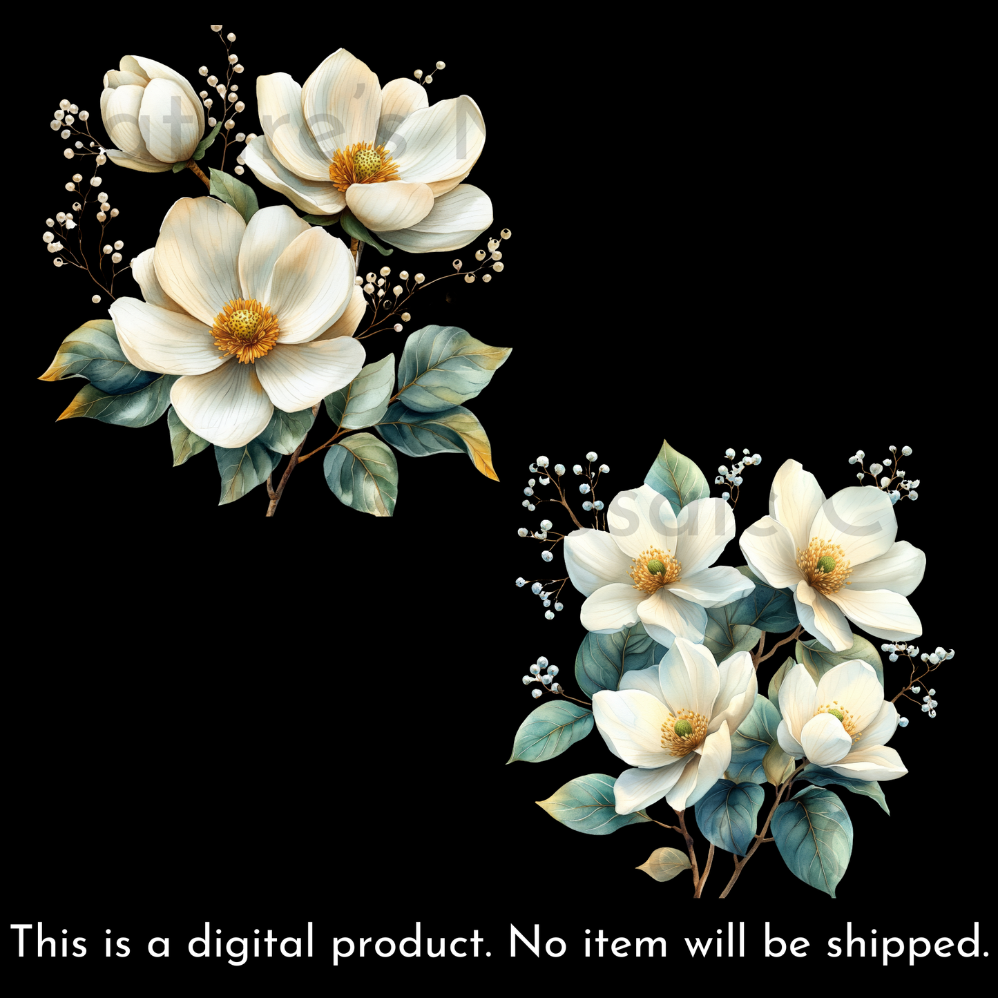 Gold Magnolia Floral clipart, White Flowers PNG Set, Wedding Invitation clip art, Magnolia Glam Garden Bridal Shower Sublimation Bundle