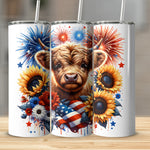 Patriotic Highland Cow Tumbler, American Flag Design, Sunflower Fireworks Graphics, Insulated Drinkware