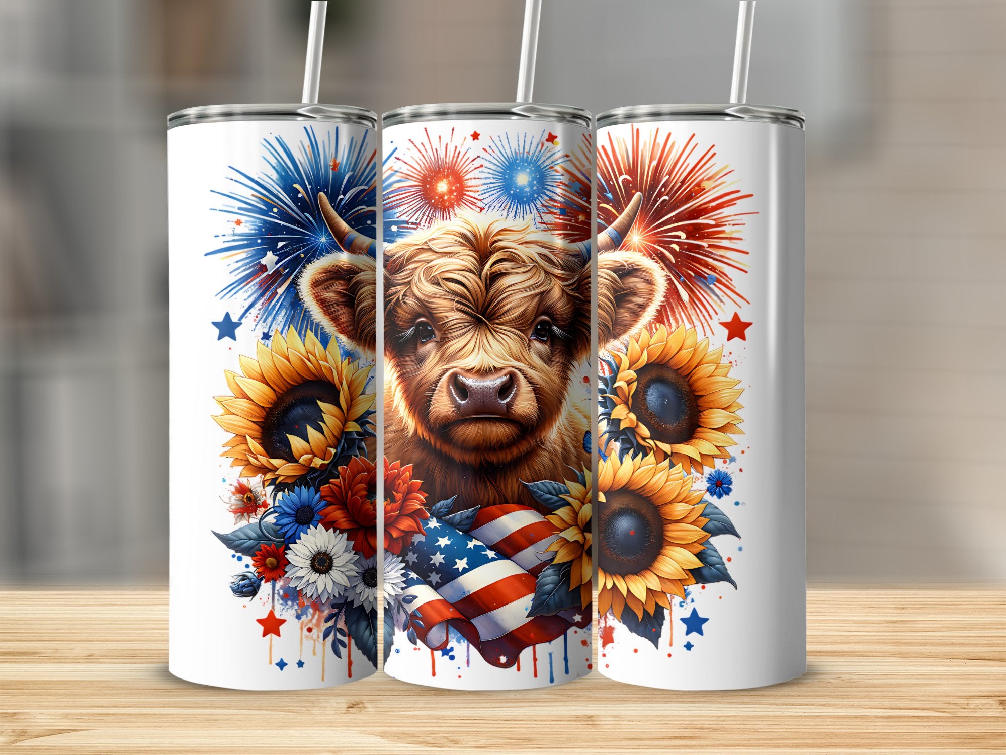 Patriotic Highland Cow Tumbler, American Flag Design, Sunflower Fireworks Graphics, Insulated Drinkware