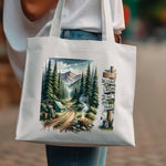 Canvas Tote Bag with Nature Print, Mountain and Trees Art, Eco-Friendly Reusable Shopping Bag, Outdoor Adventure Theme