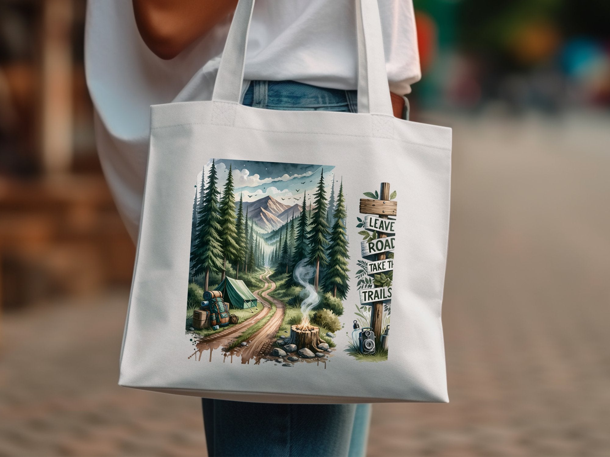 Canvas Tote Bag with Nature Print, Mountain and Trees Art, Eco-Friendly Reusable Shopping Bag, Outdoor Adventure Theme