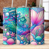 Colorful Mermaid Tail Tumbler, Ocean Themed Insulated Travel Mugs, Starfish and Seashells Design, Unique Gift Idea