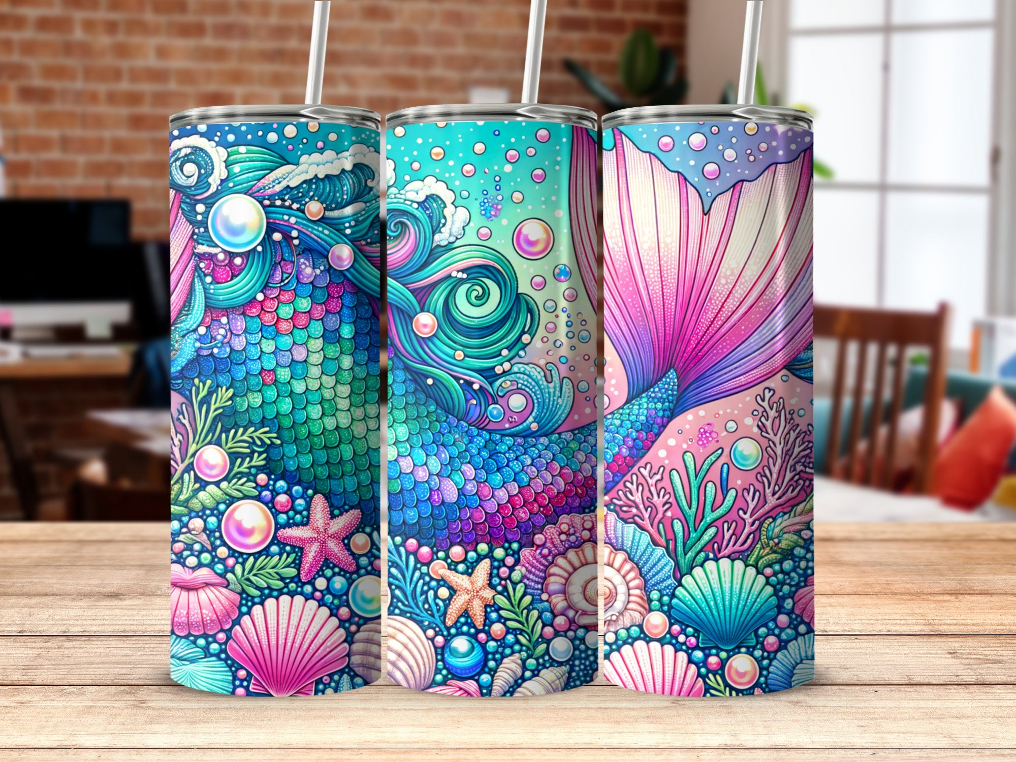 Colorful Mermaid Tail Tumbler, Ocean Themed Insulated Travel Mugs, Starfish and Seashells Design, Unique Gift Idea