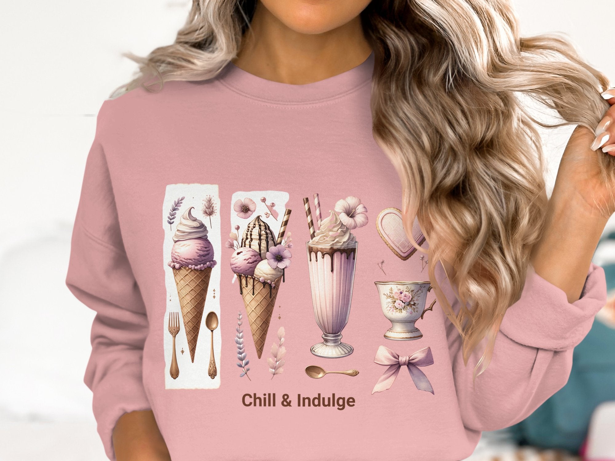Women's Pink Sweatshirt with Vintage Ice Cream Print, Casual Long Sleeve Pullover
