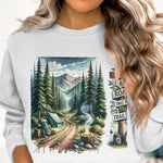 Women's Graphic Sweatshirt, Adventure Forest Print, Casual Hiking Fashion, Cozy Pullover, Trendy Nature Scene, Unique Gift Idea