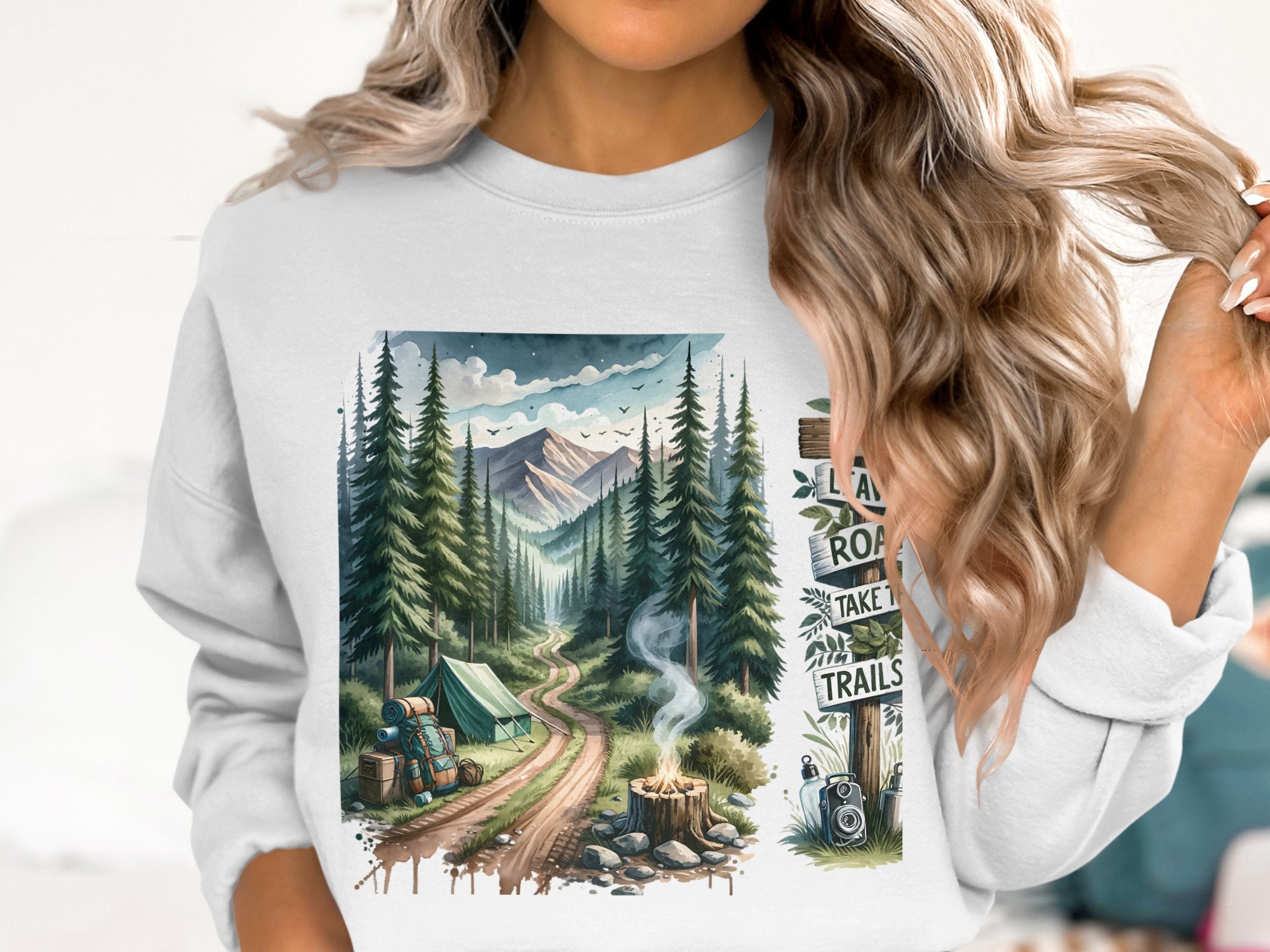 Women's Graphic Sweatshirt, Adventure Forest Print, Casual Hiking Fashion, Cozy Pullover, Trendy Nature Scene, Unique Gift Idea