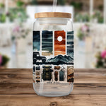 Adventure Travel Themed Glass Water Bottle, Outdoor Exploration Illustration, Camping Gear and Mountain Sunset Design, Eco-Friendly