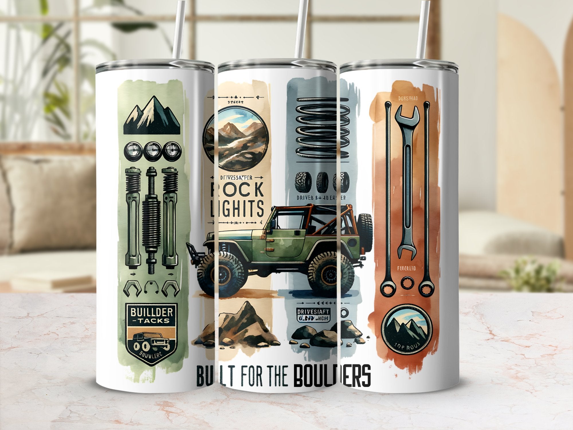 Vintage Off-Road Vehicle Tumbler Set, Adventure Mountain Travel Insulated Cups, Unique Gift for Car Enthusiasts