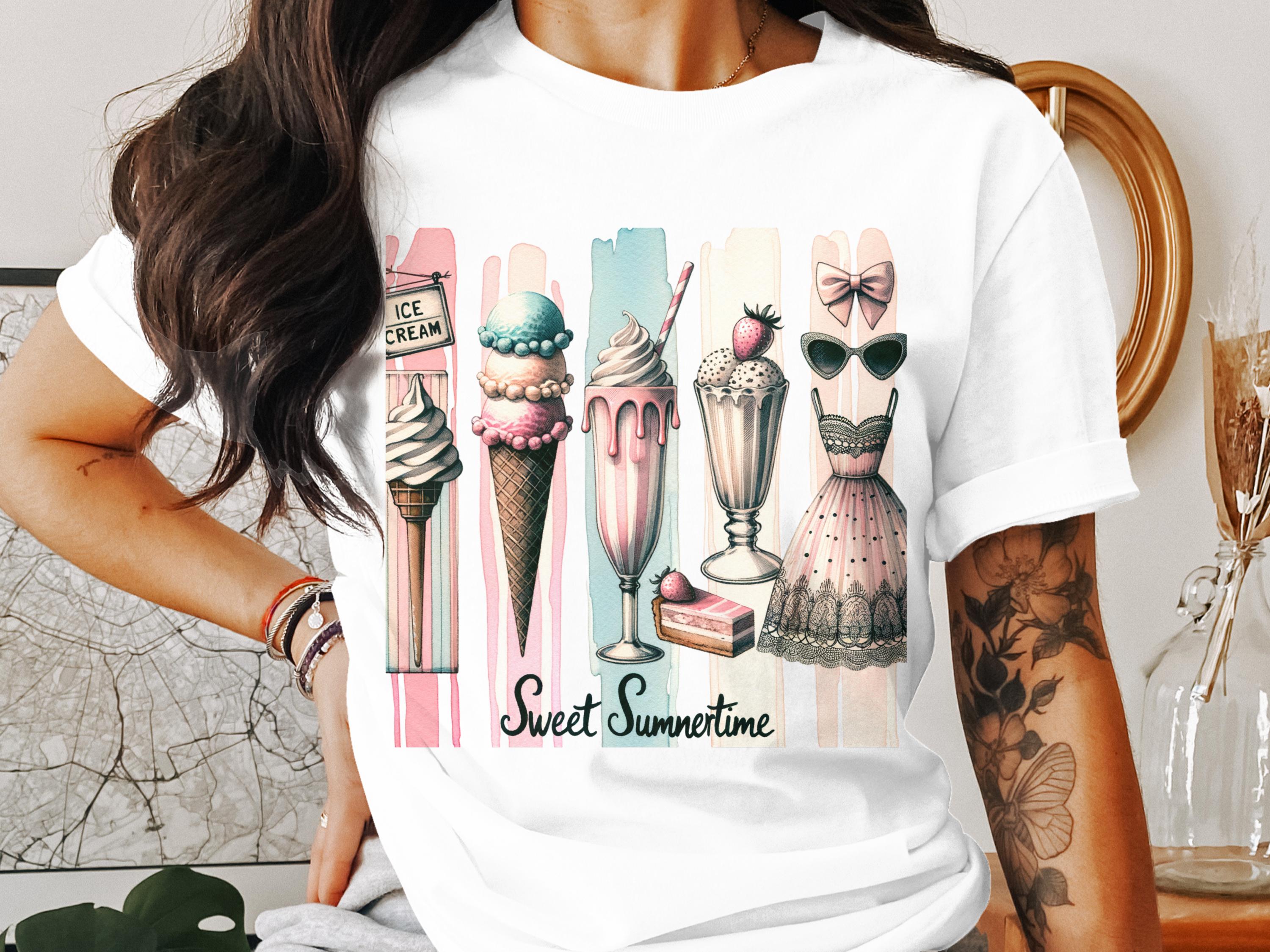 Women's Summer T-Shirt with Vintage Ice Cream and Dresses Graphic, Sweet Summertime Casual Tee
