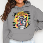 Fueled by Energy Drinks Raccoon Graphic Hoodie, Funny Animal Sweatshirt, Sunflower Urban Art Pullover, Casual Streetwear